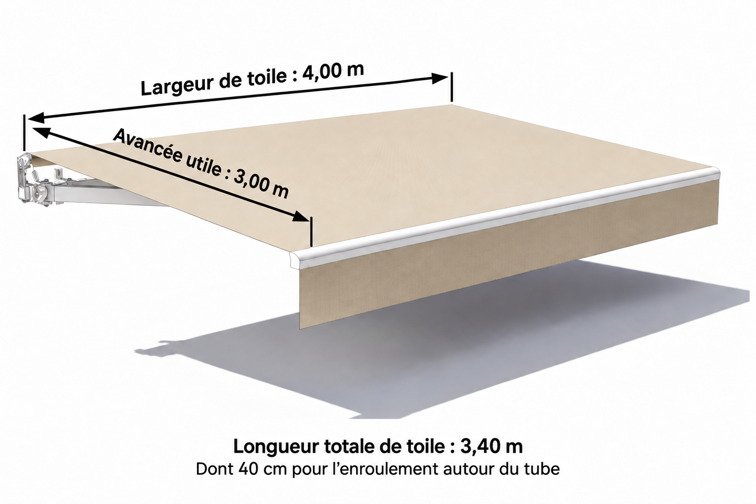 Croquis de toile de store banne : largeur 4 m, avancée utile 3 m et longueur totale de toile 3,40 m, dont 40 cm pour l’enroulement autour du tube.